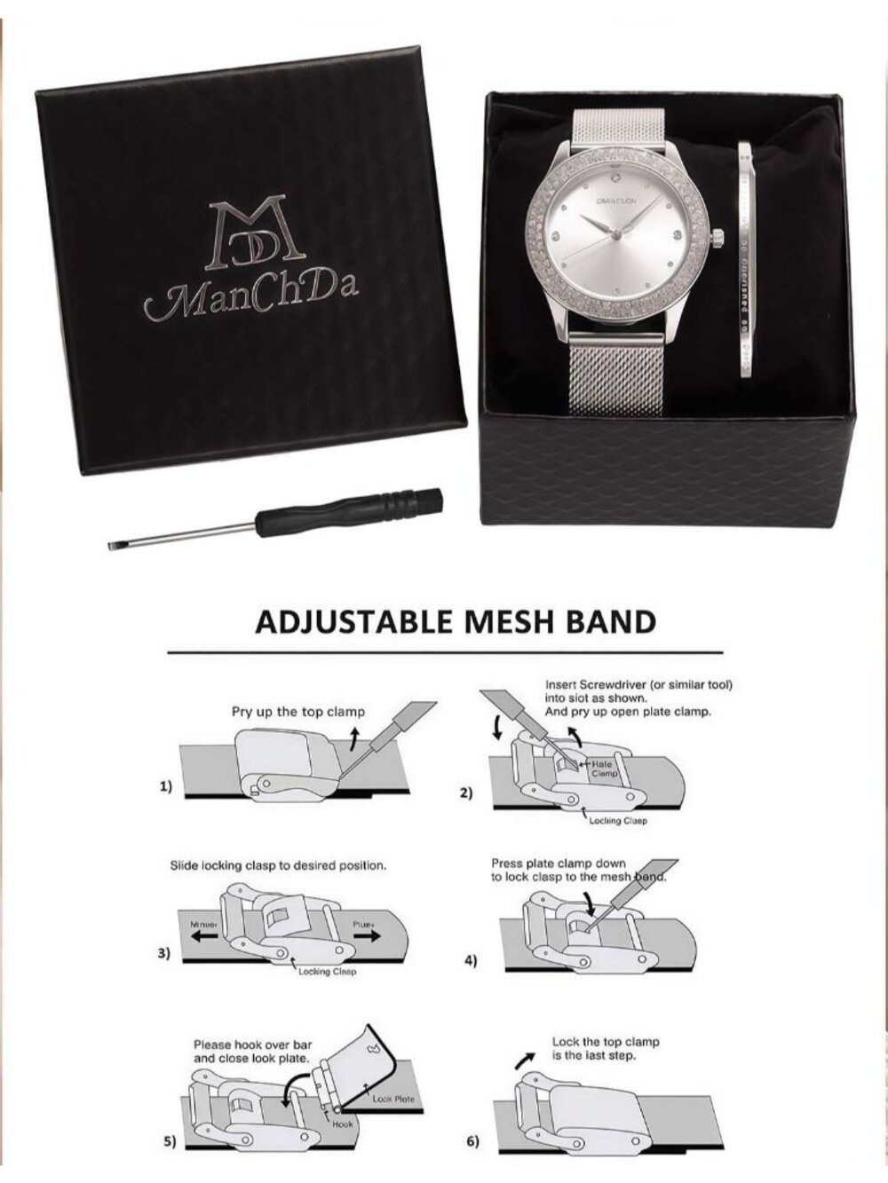 Women's Silver Crystal Case Mesh Stainless Steel Band Cuff Bracelet Set Watch - Picture 7 of 7
